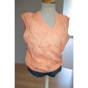 Vintage Peach Diamond Knit Sleeveless Sweater Vest Handmade Look – Cottagecore S